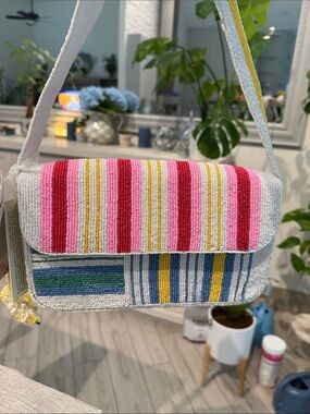 Striped Beaded Shoulder Bag - Pink, Red, Blue & Yellow